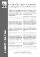 Communiqué de la CGT sur la mobilisation pour la défense de l'industrie et de l'emploi - 9 octobre 2012