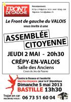 Affichette annonçant l'assemblée citoyenne de Crépy-en-Valois du 2 mai - Front de gauche du Valois, 24 avril