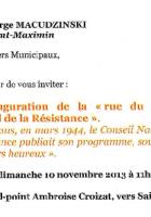 Semaine « Devoir de mémoire »-Inauguration de la rue du CNR-Invitation - Saint-Maximin, 10 novembre 2013