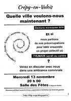 Affiche annonçant la réunion publique « Quelle ville voulons-nous maintenant ? » - Crépy-en-Valois, 13 novembre 2013