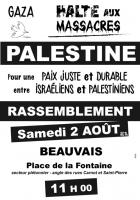 Affichette annonçant le rassemblement pour la paix en Palestine du 2 août - Beauvais, 29 juillet 2014