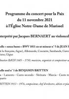Programme du concert pour la Paix à l'Église Notre-Dame de Marissel, avec le violoncelliste Jacques Bernaert - PCF Beauvaisis, 11 novembre 2021