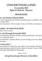 Programme du Concert pour la Paix à l'Église Notre-Dame de Marissel, avec le violoncelliste Jacques Bernaert - PCF Beauvaisis, 11 novembre 2022