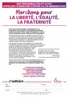 Flyer « 200 personnalités et le PCF appellent à marcher contre la loi immigration : marchons pour la liberté, l'égalité, la fraternité » - PCF, 11 janvier 2024