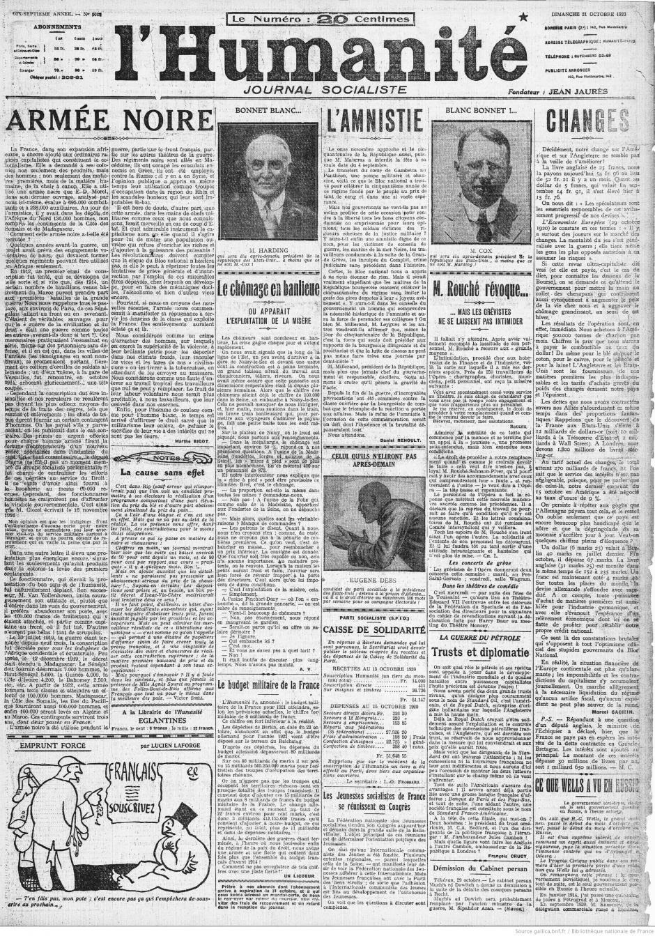Centenaire du PCF, au jour le jour : L'Humanité du dimanche 31 octobre 1920