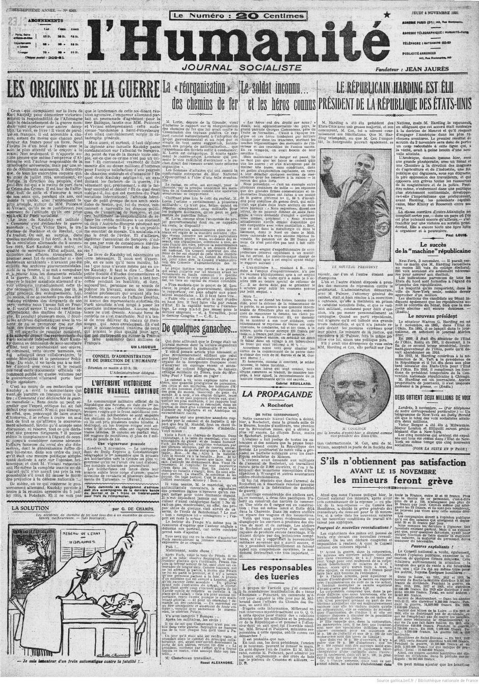 Centenaire du PCF, au jour le jour : L'Humanité du jeudi 4 novembre 1920