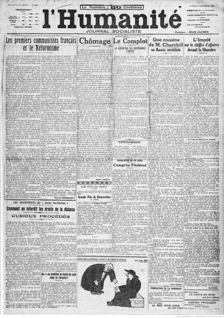 Centenaire du PCF, au jour le jour : L'Humanité du samedi 27 novembre 1920