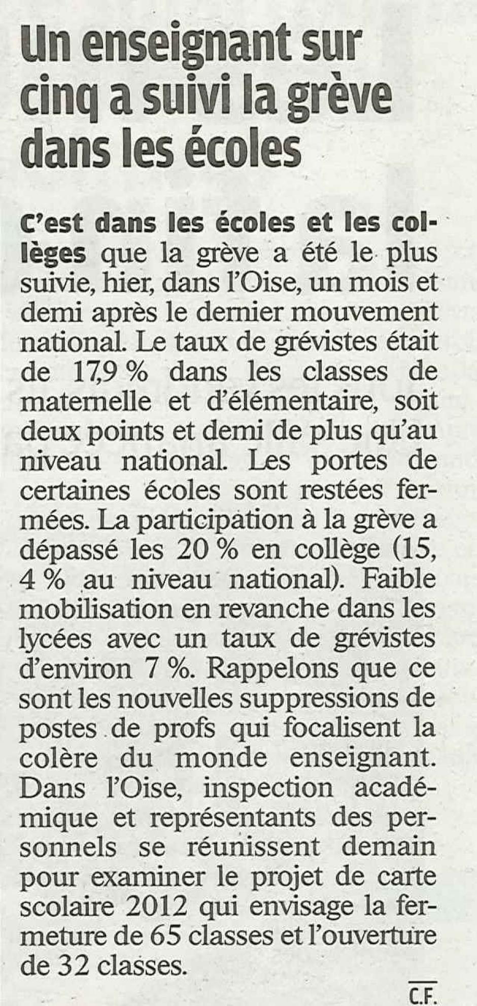 20120201-LeP-Oise-Un enseignant sur 5 a suivi la grève dans les écoles (Ministère)