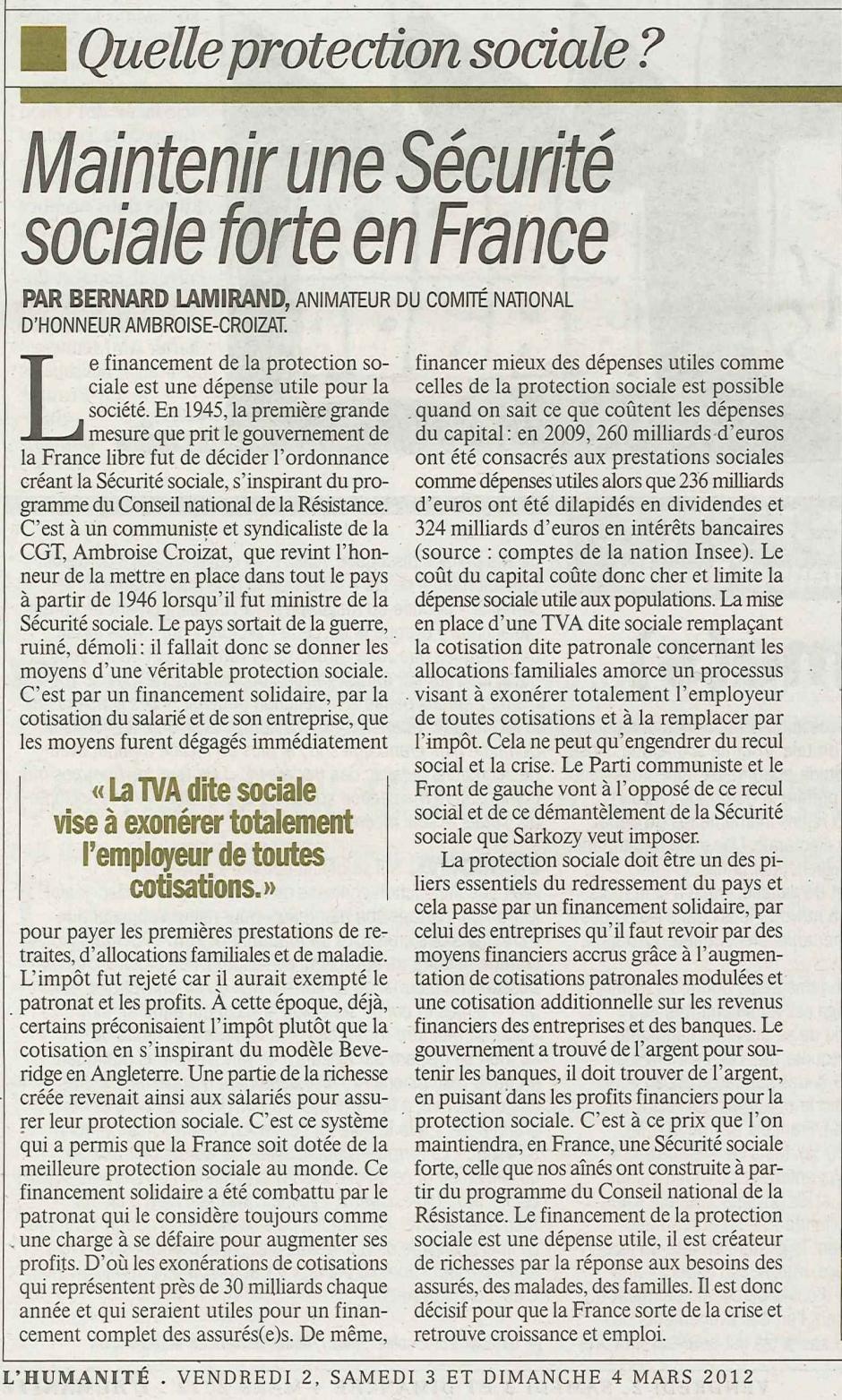 20120302-L'Huma-France-Bernard Lamirand : maintenir une Sécurité sociale forte