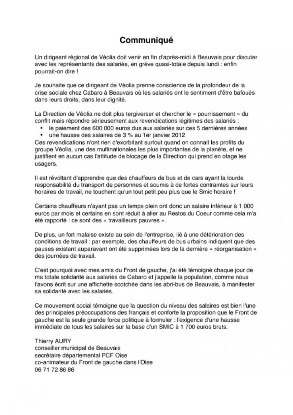 Thierry Aury - Communiqué de presse concernant la grève des salariés de Cabaro-Véolia - Beauvais, 21 mars 2012