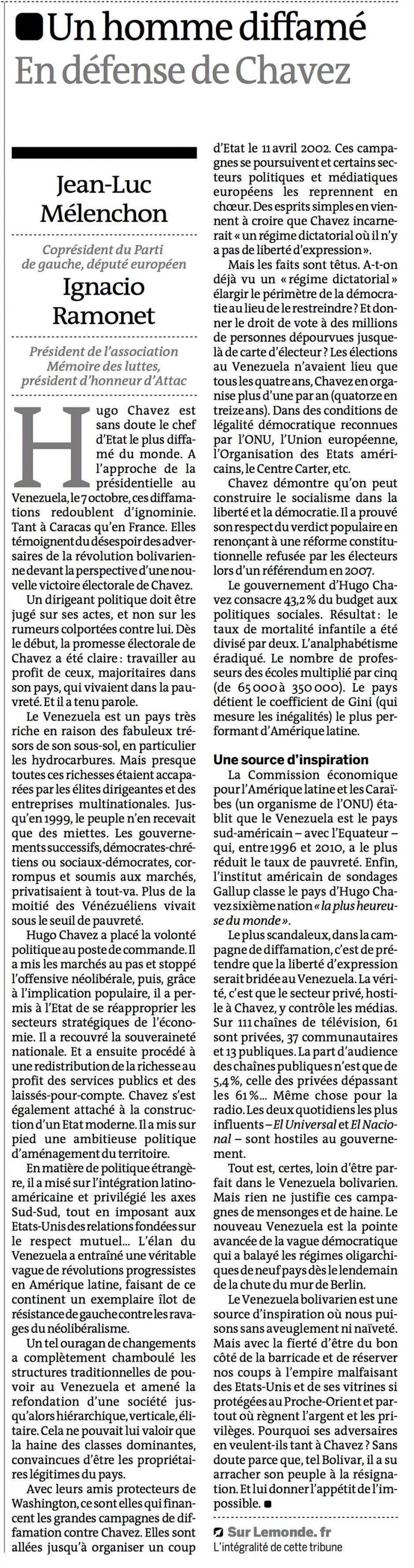 20121005-Le Monde-Jean-Luc Mélenchon & Ignacio Ramonet : Hugo Chávez, un homme diffamé
