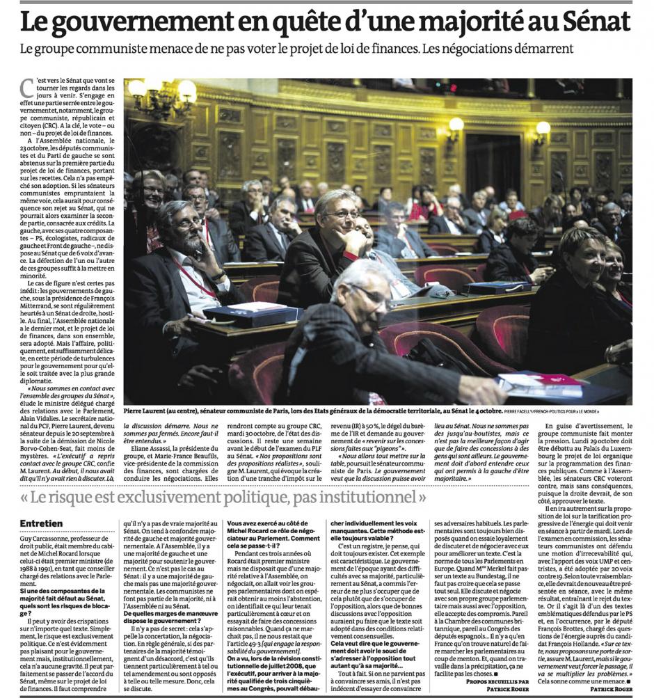 20121030-Le Monde-Le gouvernement en quête d'une majorité au Sénat