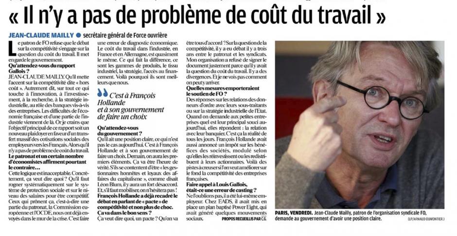 20121105-LeP-Jean-Claude Mailly « Il n'y a pas de problème de coût du travail »