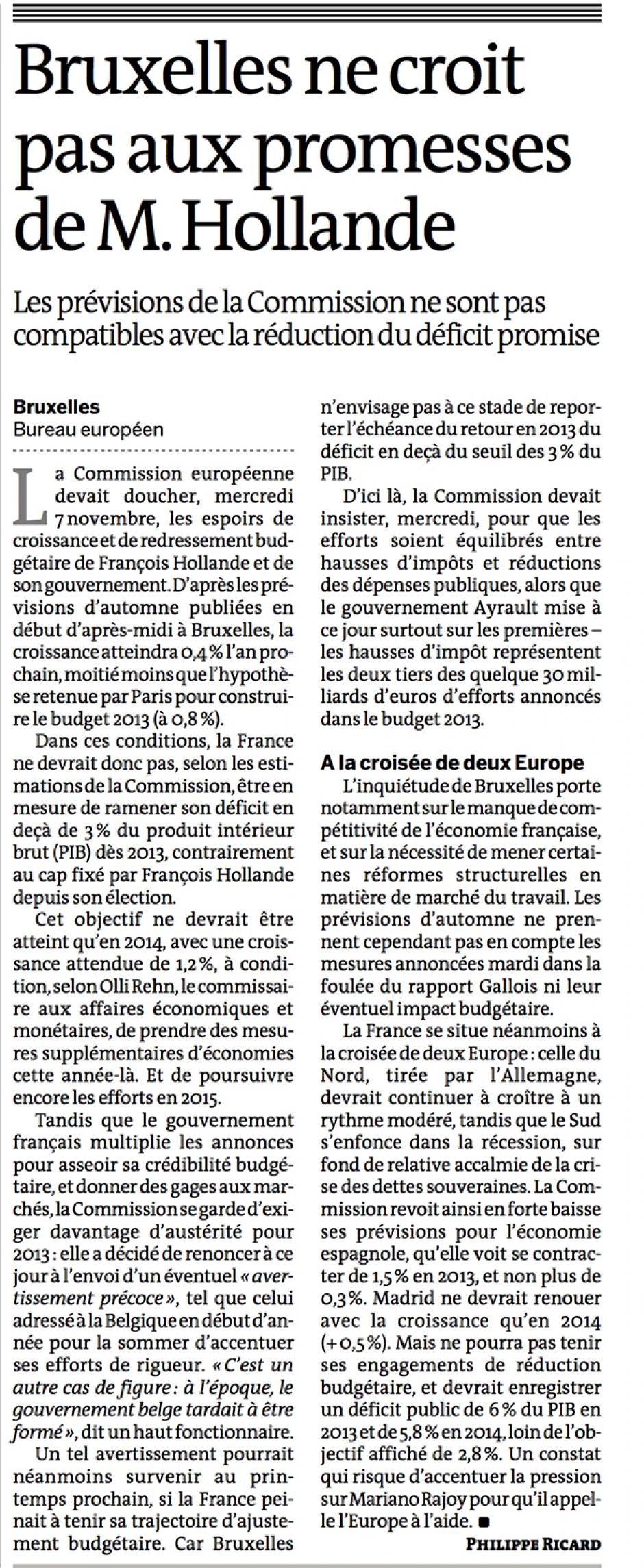 20121108-Le Monde-Bruxelles ne croit pas aux promesses de M. Hollande