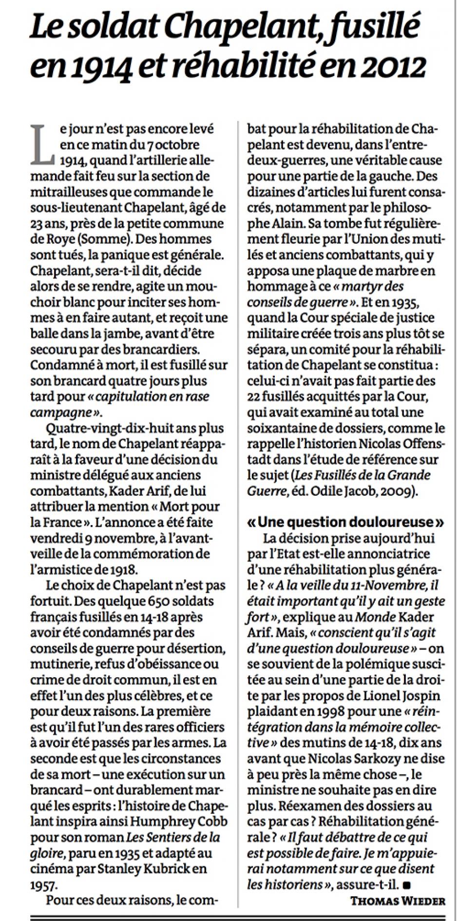 20121111-Le Monde-Le soldat Chapelant, fusillé en 1914 et réhabilité en 2012
