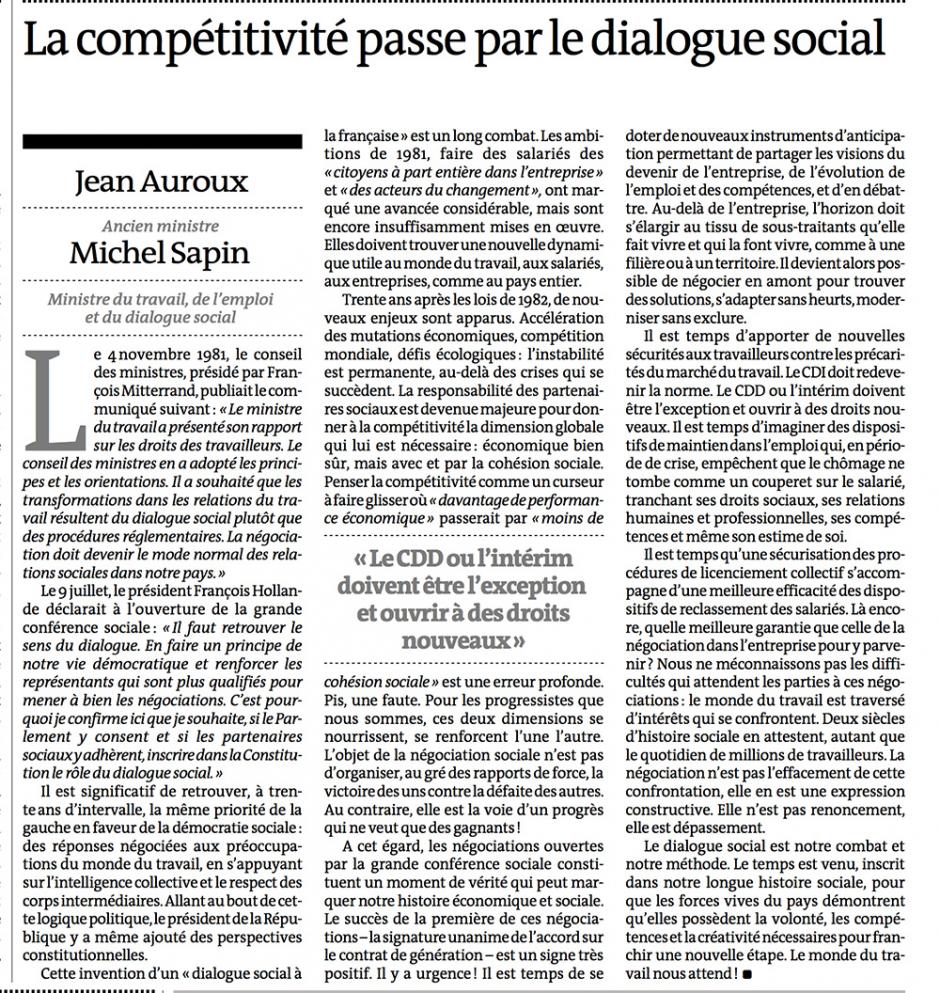 20121114-Le Monde-Auroux, Sapin : la compétitivité passe par le dialogue social