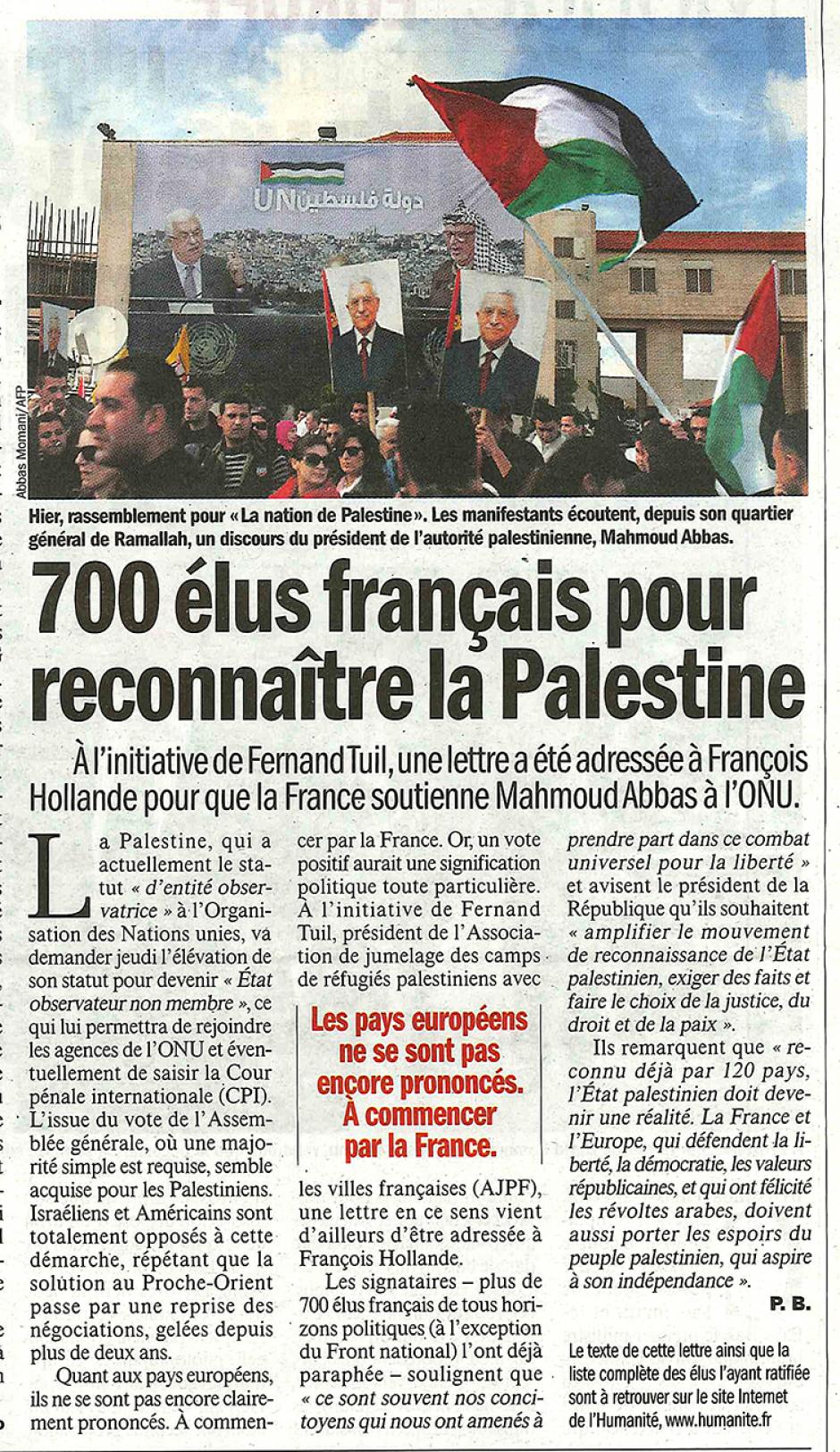 20121126-L'Huma-700 élus français pour reconnaître la Palestine