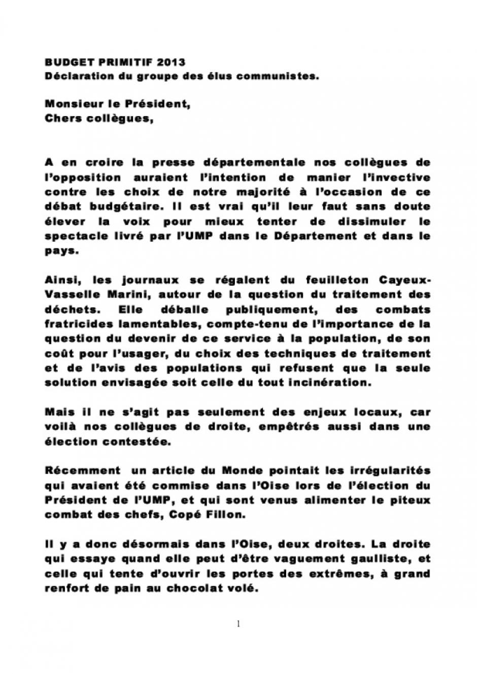 Déclaration du groupe des élu-e-s communistes du Conseil général à propos du budget primitif 2013 - Oise, 20 décembre 2012