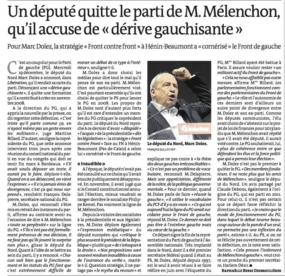 20121221-Le Monde-Un député quitte le parti de M. Mélenchon, qu'il accuse de « dérive gauchisante »