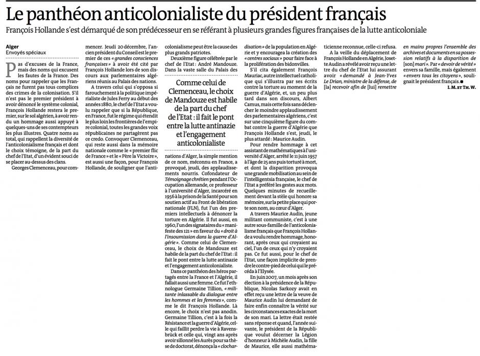 20121222-Le Monde-Le panthéon anticolonialiste du président français