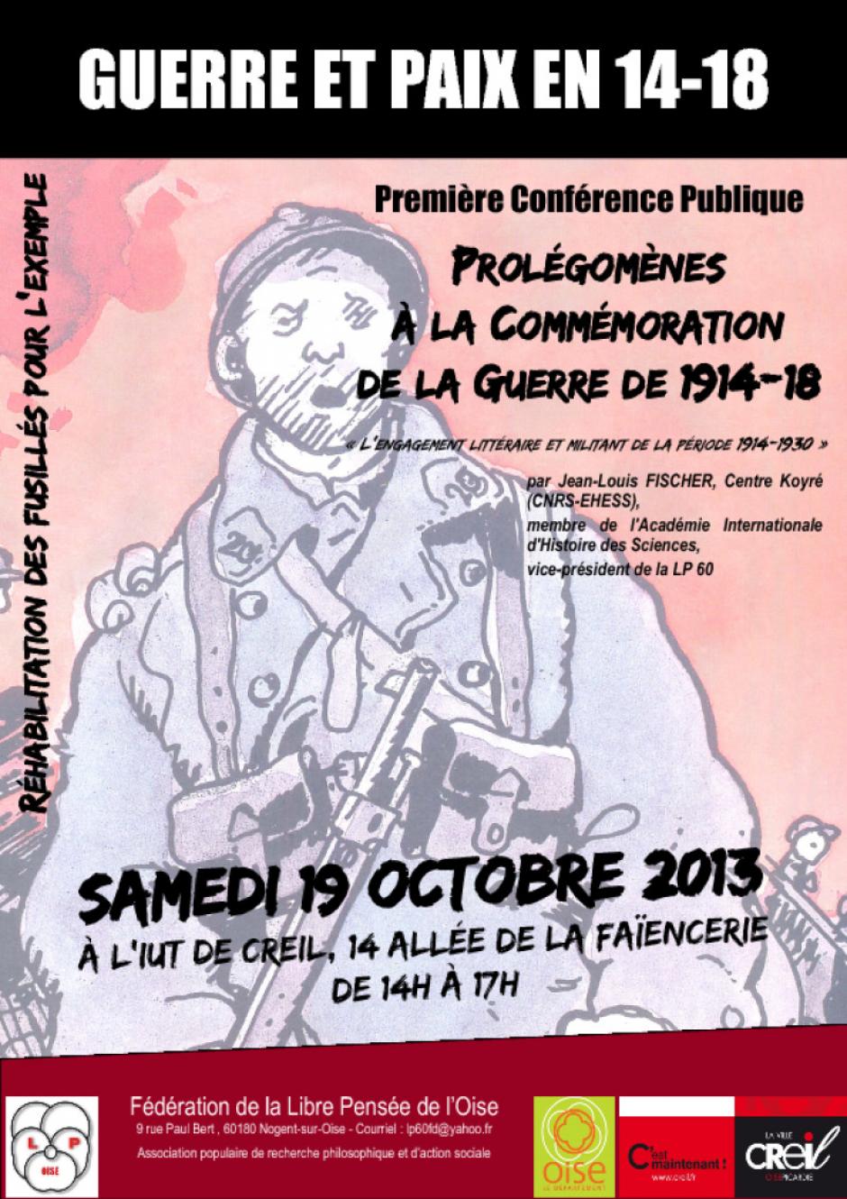 19 octobre, Creil - Libre Pensée Oise-Prolégomènes à la commémoration de la guerre de 1914-18