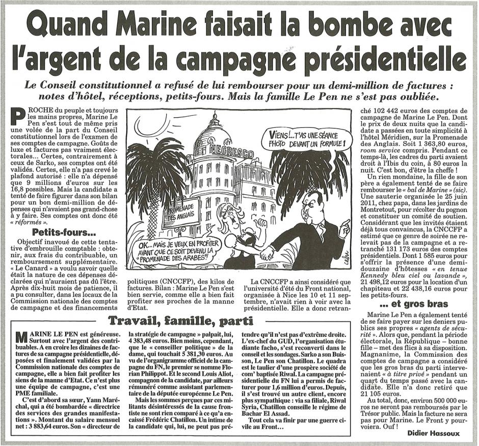20131023-Le Canard enchaîné-P2012-Quand Marine faisait la bombe avec l'argent de la campagne présidentielle