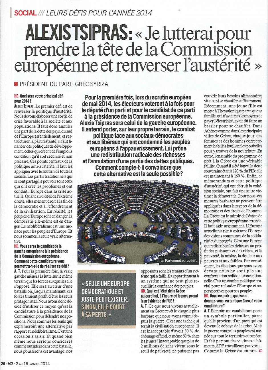 20140102-L'Huma Dimanche-Alexis Tsipras « Je lutterai pour prendre la tête de la Commission européenne et renverser l'austérité »