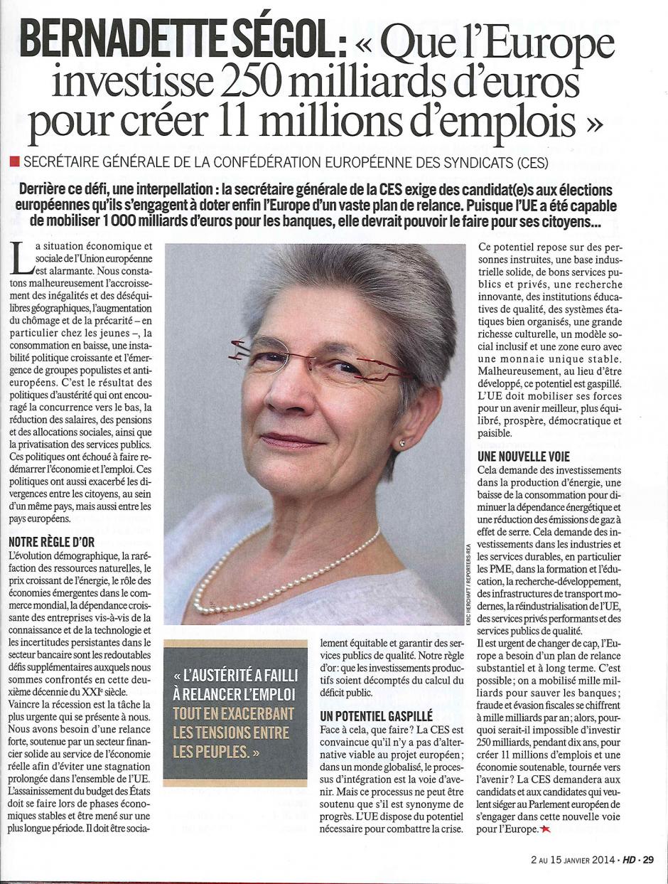 20140102-Huma Dimanche-Bernadette Ségol « Que l'Europe investisse 250 milliards d'euros pour créer 11 millions d'emplois »