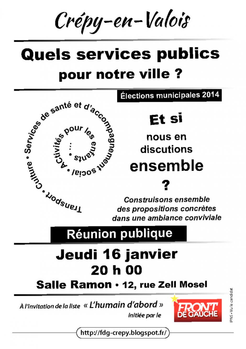 Affichette de campagne de la liste « L'humain d'abord » annonçant la réunion publique du 16 janvier « Quels services publics pour Crépy ? » - Crépy-en-Valois, 3 janvier 2014