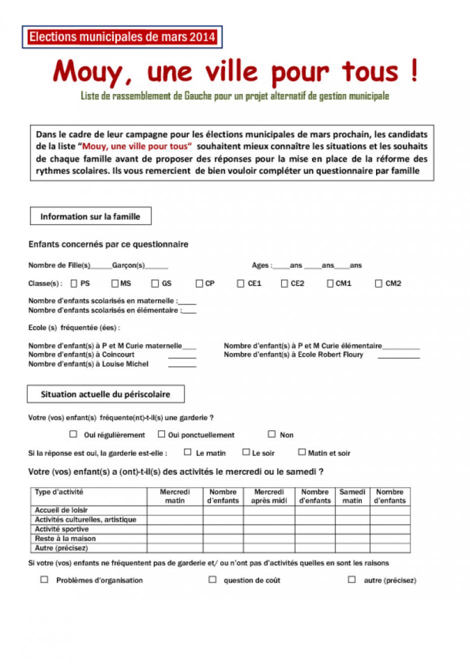 Questionnaire de la liste « Mouy, une ville pour tous » portant sur la réforme des rythmes scolaires - Mouy, 31 janvier 2014