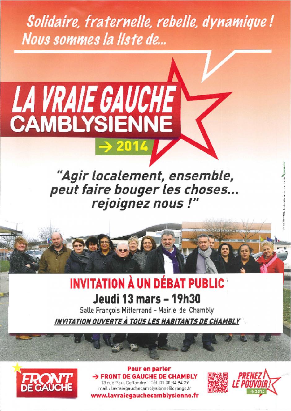 Affichette de la liste « La vraie gauche camblysienne » invitant au débat public du 13 mars - Chambly, 26 février 2014