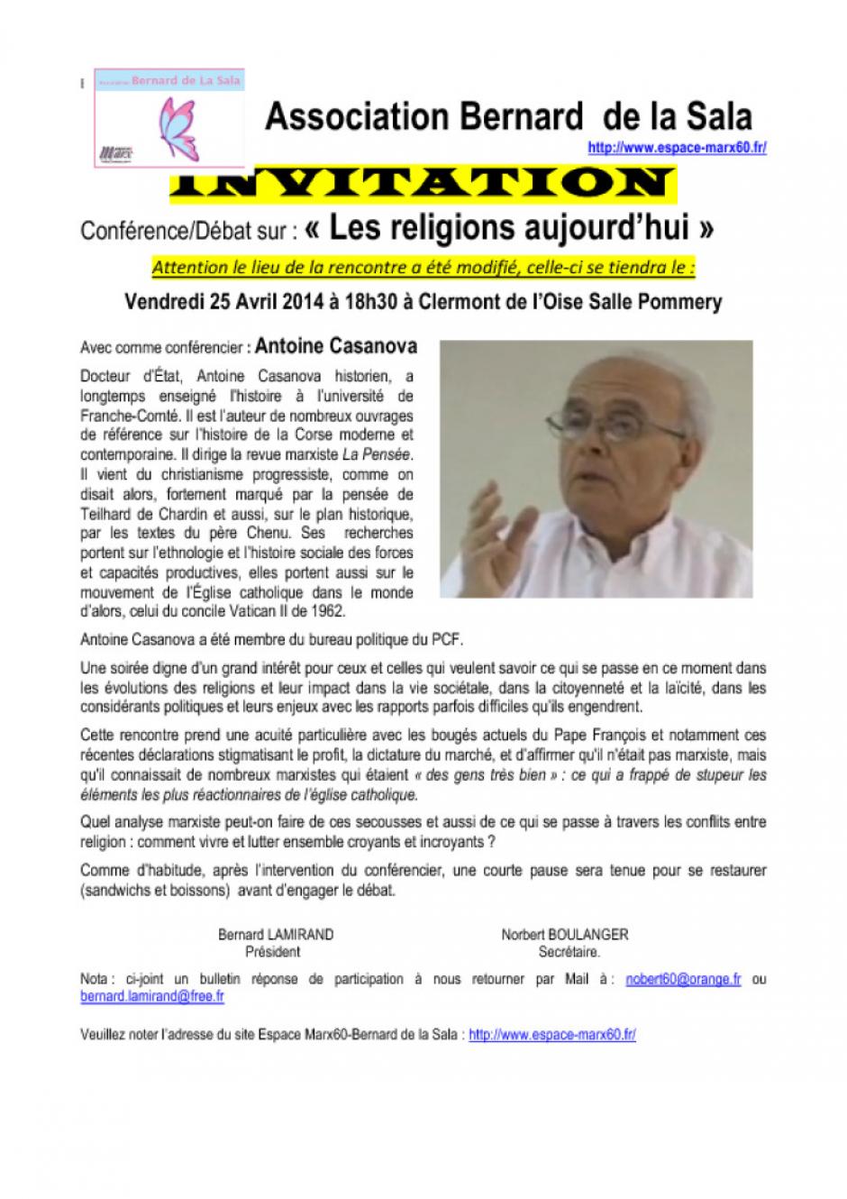 25 avril, Clermont - Espace Marx Oise-« Les religions aujourd'hui », avec Antoine Casanova