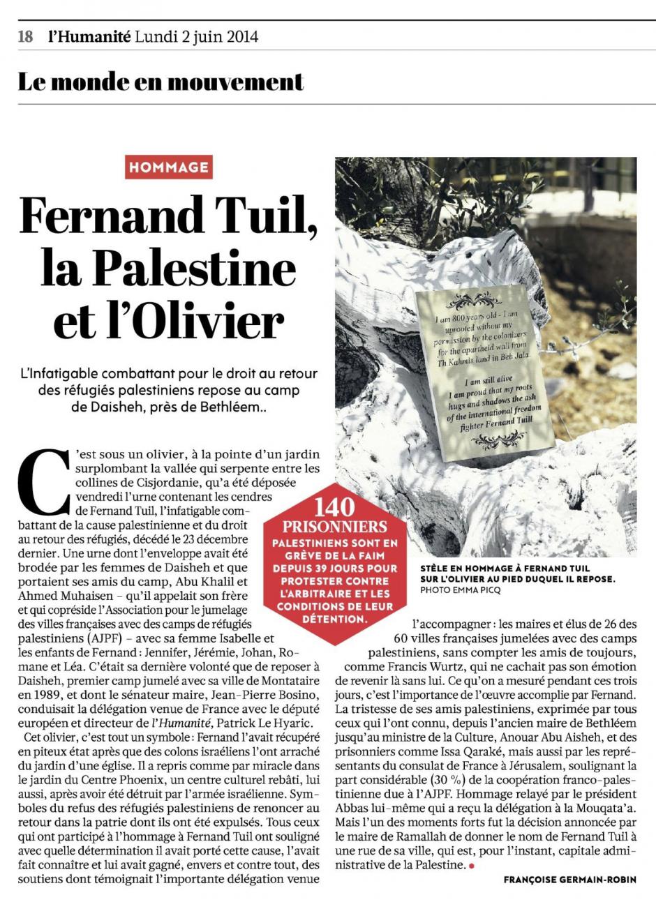 20140602-L'Huma-Fernand Tuil, la Palestine et l'Olivier