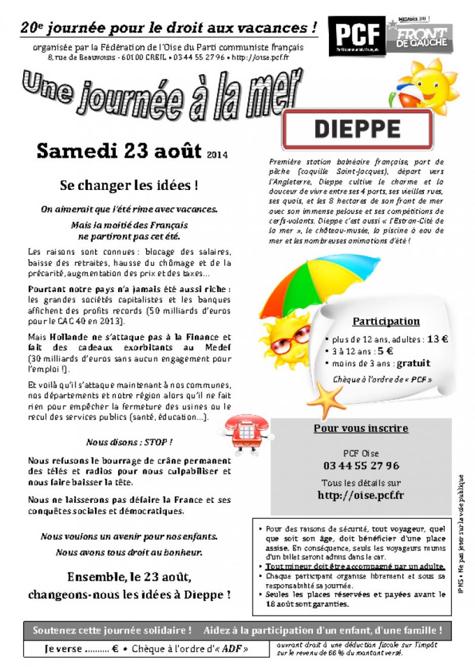 Tracts par secteur géographique « 20e journée à la mer » pour impression - Dieppe, 23 août 2014