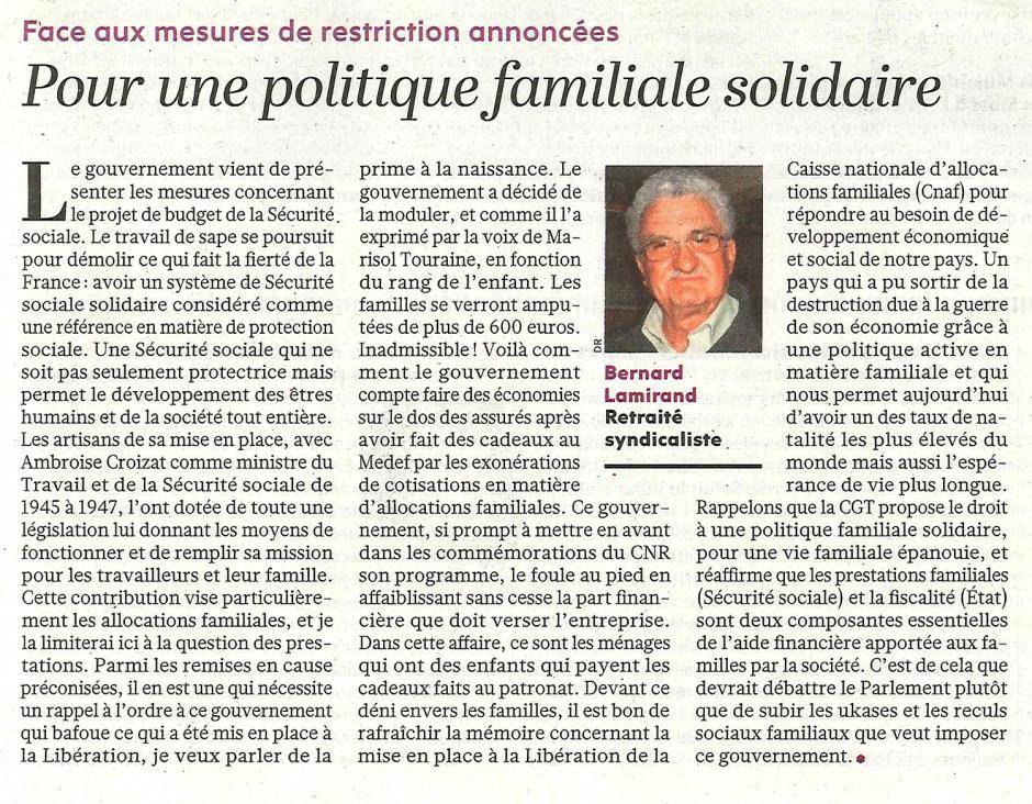 Bernard Lamirand-Pour une politique familiale solidaire - L'Humanité, 2 octobre 2014