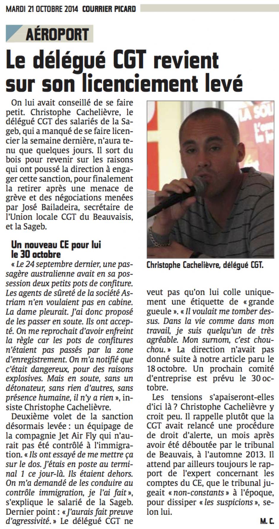 20141021-CP-Beauvais-Tillé-Le délégué CGT revient sur son licenciement levé