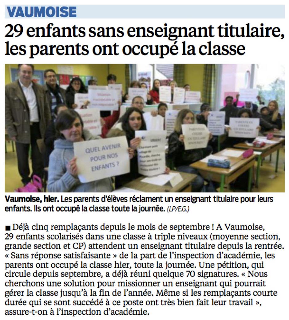 20141129-LeP-Vaumoise-29 enfants sans enseignant titulaire, les parents ont occupé la classe