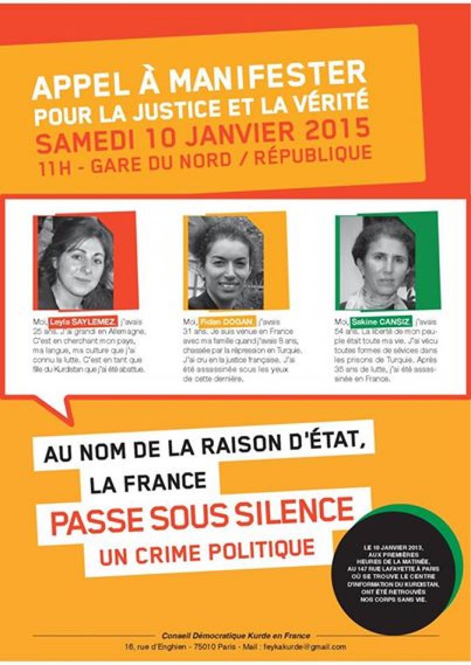 10 janvier, Paris - Manifestation « Vérité et justice pour Rojbîn, Sakine et Leyla, militantes kurdes assassinées à Paris »