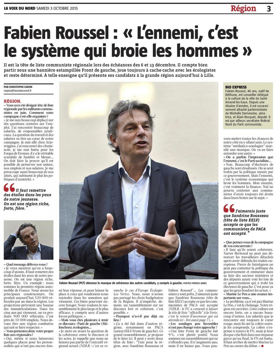 20151003-VdN-Fabien Roussel : « L'ennemi, c'est le système qui broie les hommes »