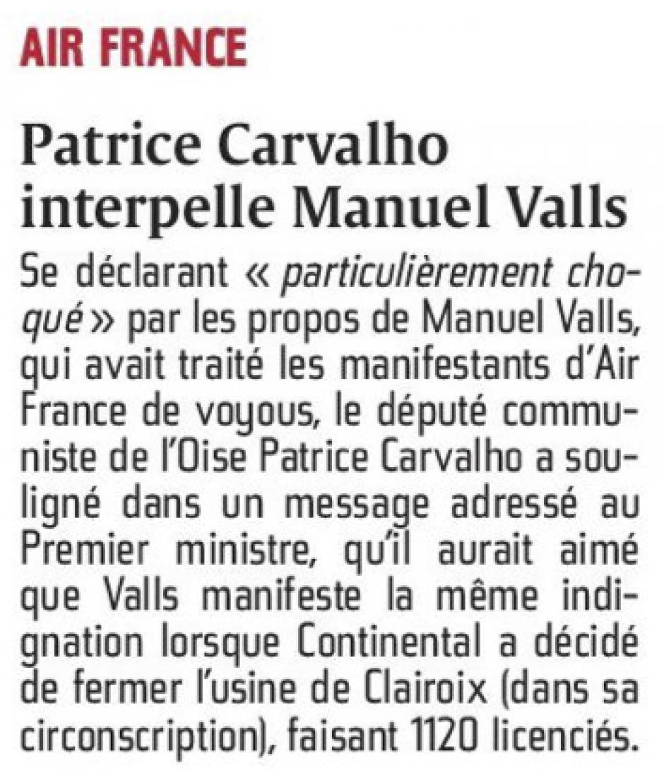 20151011-CP-France-Air France : Patrice Carvalho interpelle Manuel Valls