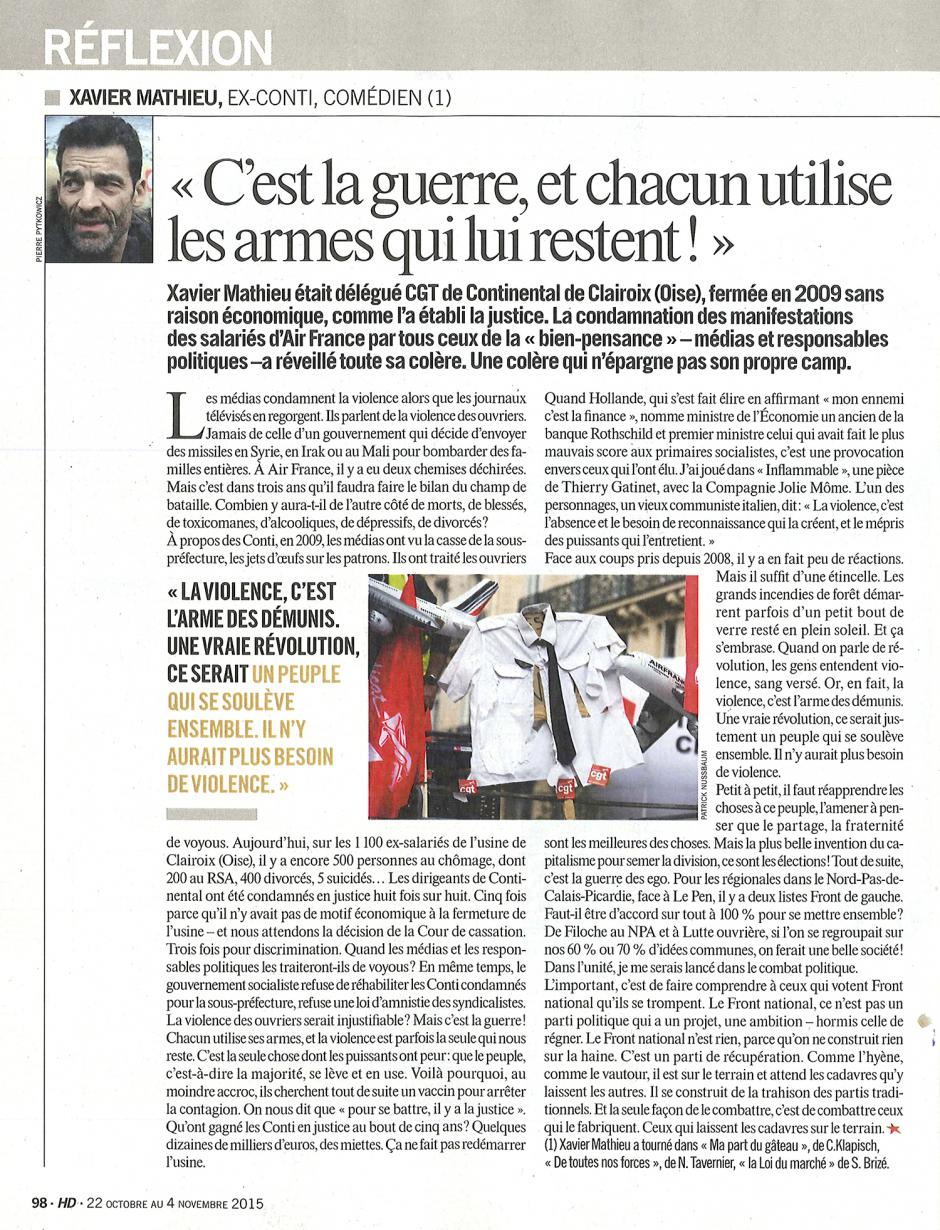 20151022-Huma Dimanche-France-Xavier Mathieu : « C'est la guerre, et chacun utilise les armes qui lui restent ! »