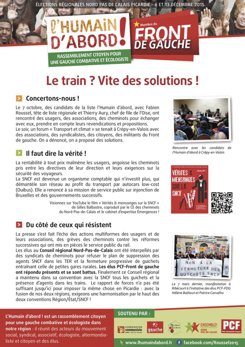 Tract de campagne de la liste Front de gauche l'Humain d'abord « Le train ? Vite des solutions »  - Oise, élection régionale Nord-Pas-de-Calais-Picardie, 9 novembre 2015