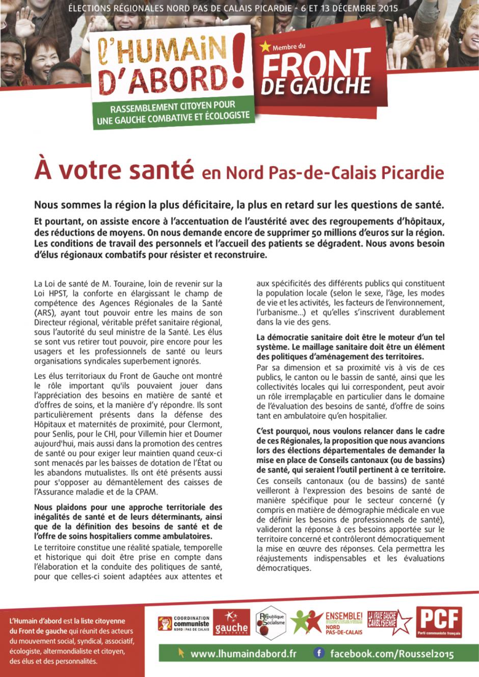 Tract de campagne de l'Humain d'abord « À votre santé en Nord-Pas-de-Calais-Picardie » - Clermontois, élection régionale Nord-Pas-de-Calais-Picardie, 13 novembre 2015