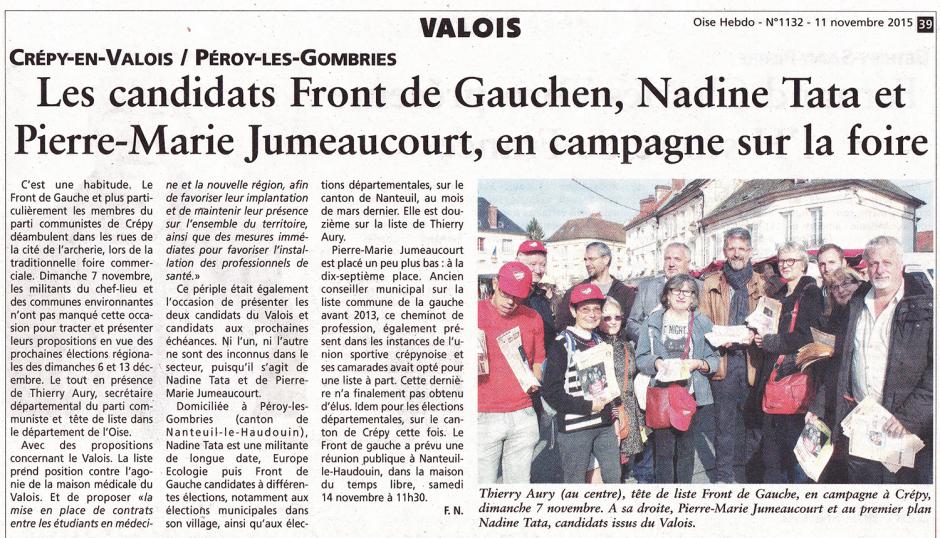 20151111-OH-NPdCP-R2015-Crépy-en-Valois-Les candidats Front de gauche, Nadine Tata et Pierre-Marie Jumeaucourt, en campagne sur la foire