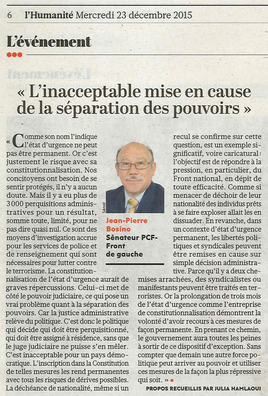 Jean-Pierre Bosino : « L'inacceptable mise en cause de la séparation des pouvoirs » - L'Humanité, 23 décembre 2015