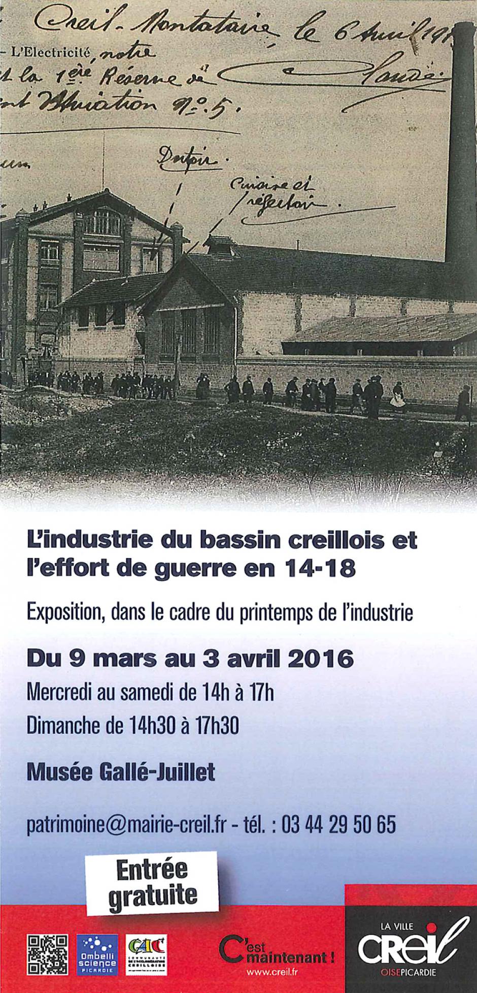 Du 9 mars au 3 avril, Creil - Printemps de l'industrie-Exposition « L'industrie du Bassin creillois et l'effort de guerre en 14-18 »