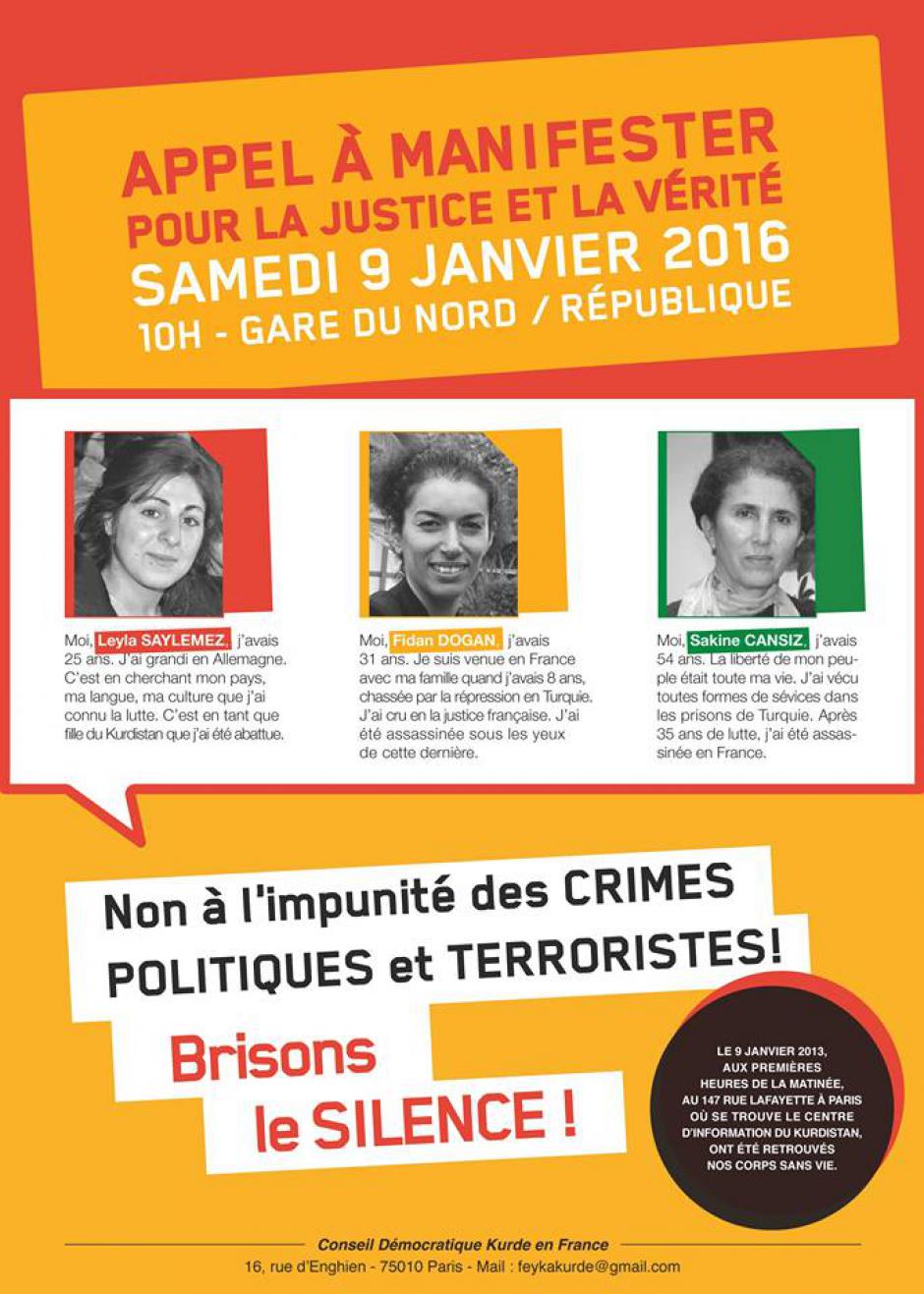 9 janvier, Paris - Conseil démocratique kurde de France-Manifestation « Justice et vérité pour les crimes de Leyla, Fidan et Sakine »