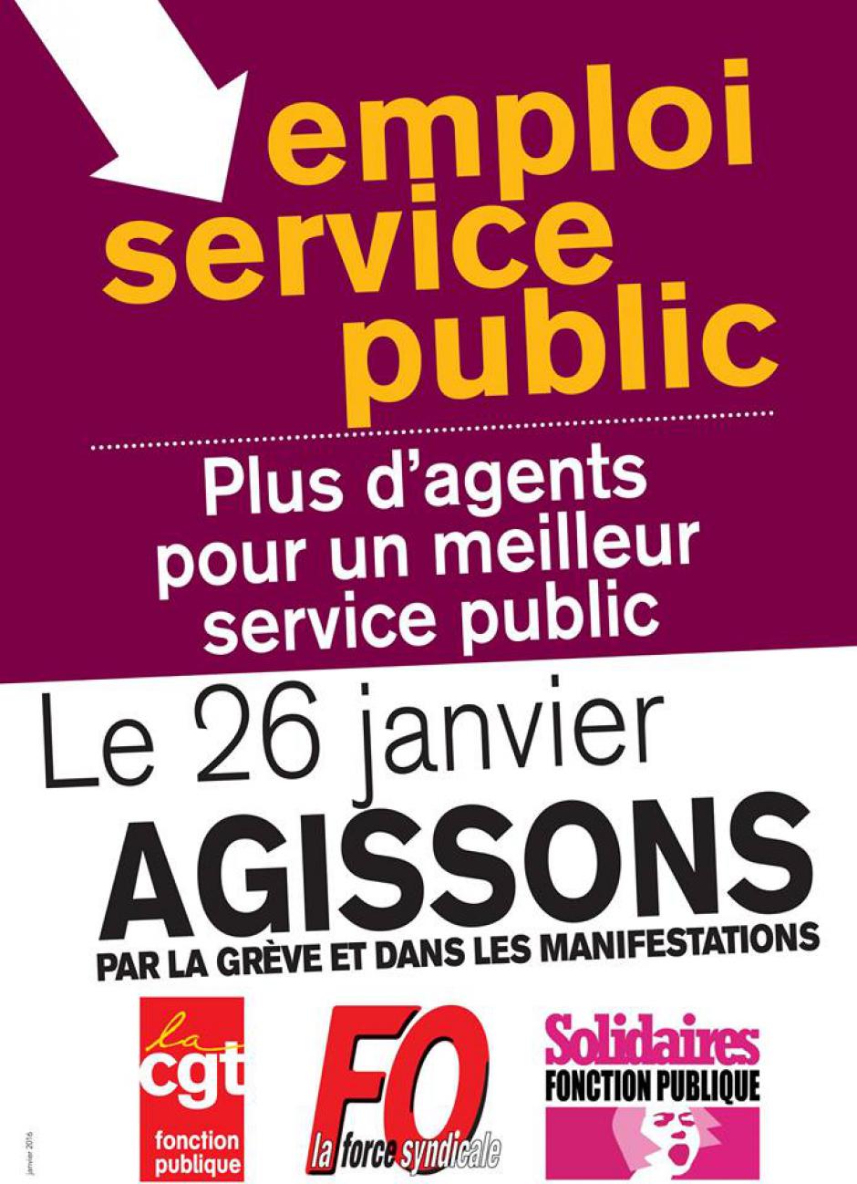 Journée d'action intersyndicale pour un service public de qualité et une nette augmentation du pouvoir d'achat-Affiche - France, 26 janvier 2016