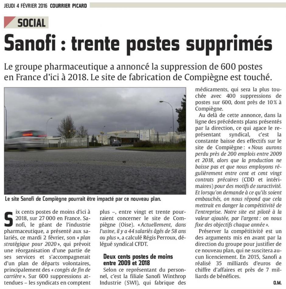 20160204-CP-Compiègne-Sanofi : trente postes supprimés [pages régionales]