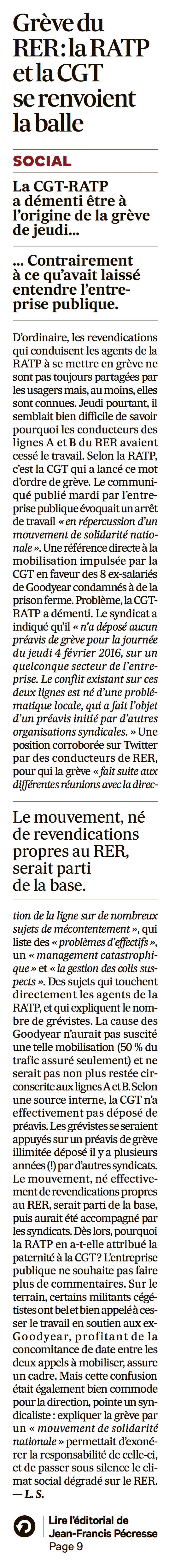 20160205-LesE-Paris-Grève du RER : la RATP et la CGT se renvoient la balle